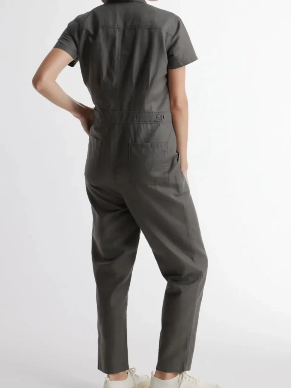 NWT Quince Cotton Linen Twill Short Sleeve Coverall Jumpsuit in Charcoal Size L
